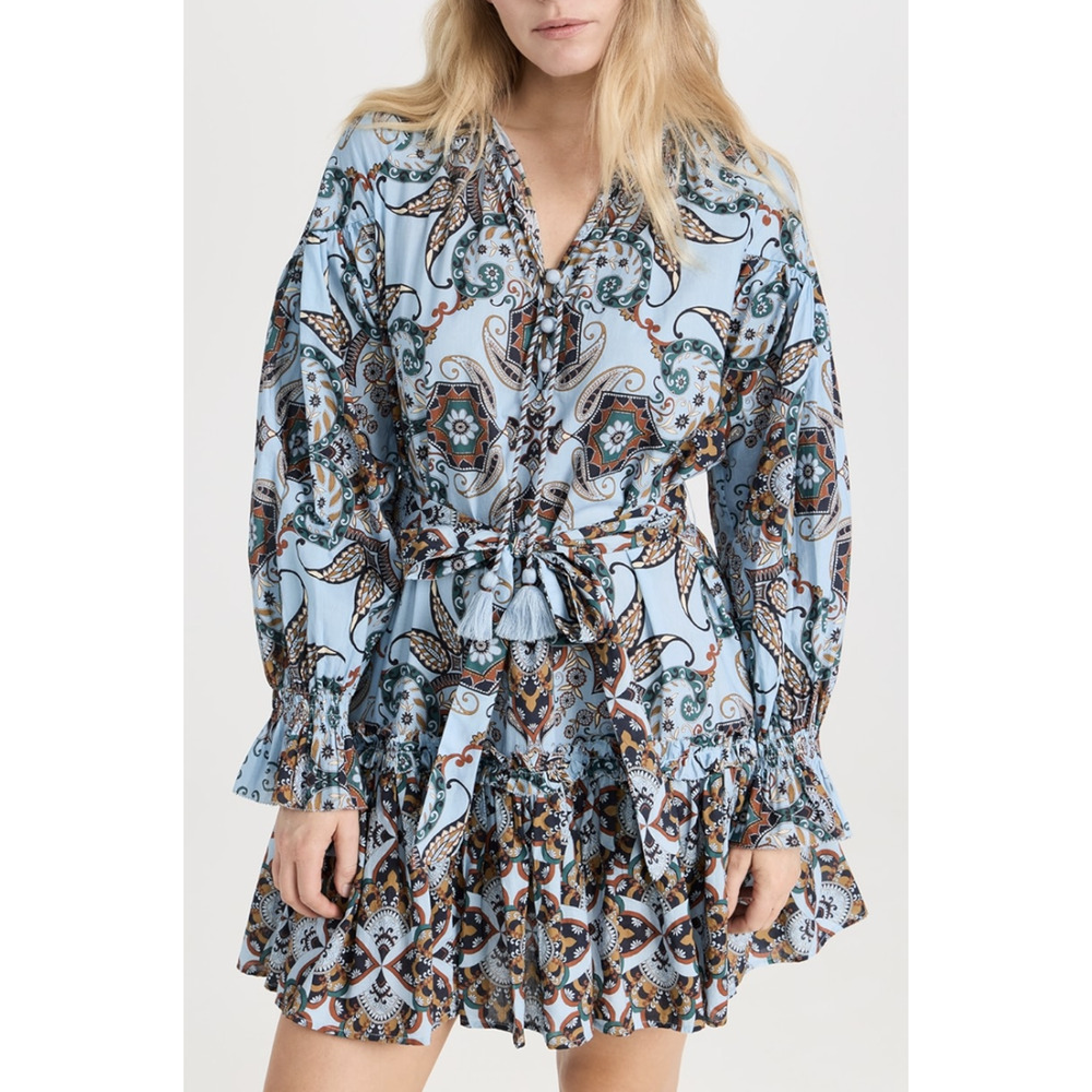 Cara Cara Poppy Dress Womens Medium Blue Paisley Ruffle Mini Boho Cotton
